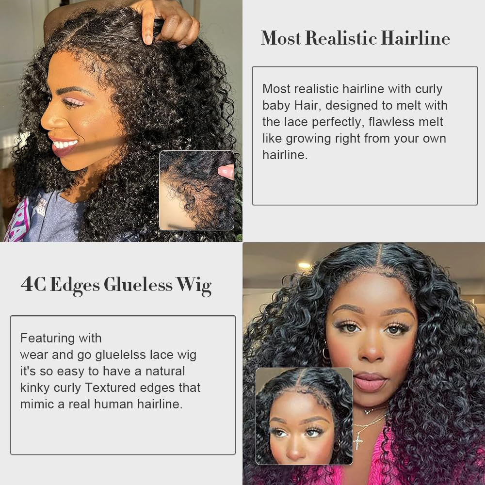 4C Kinky Edges 360 HD Lace Front Wigs Curly Wig Pre-Bleached Knots Hair Wigs
